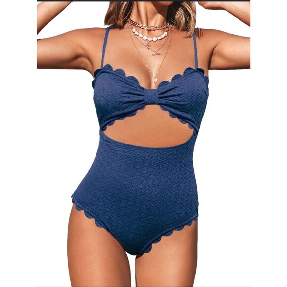 Cupshe Other - Cupshe Blue High Cut Scalloped Edge One Piece Swimsuit Size Large
